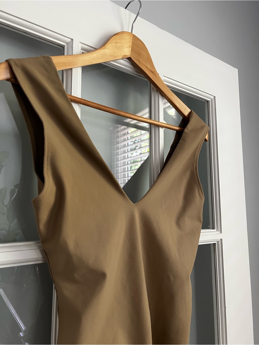 Sleeveless Tan V-Neck Asymmetric Bodysuit - Picture 3 of 7